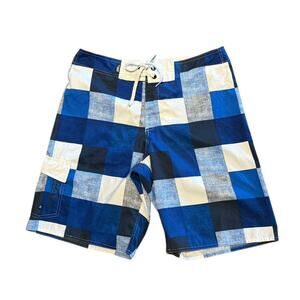 No Fear Mens Size 34 Blue Checkered Swimsuit Trunks with 10” Inseam